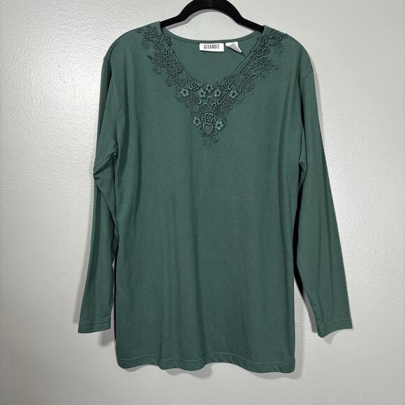 Gitano Women's Vintage 1990's Forest Green Lace Neck Tee - Size Medium - Grunge - Picture 1 of 6